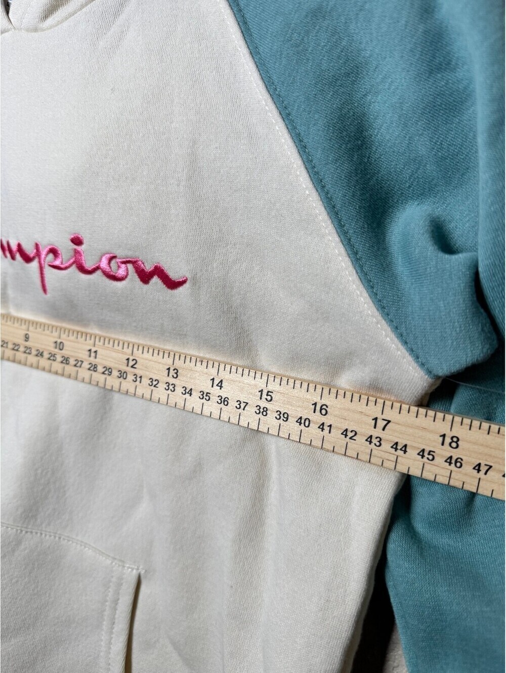 Champion GIRLS Large Hoodie Cream and Teal with Pink Accents, Embroidered Logo, - Picture 5 of 6